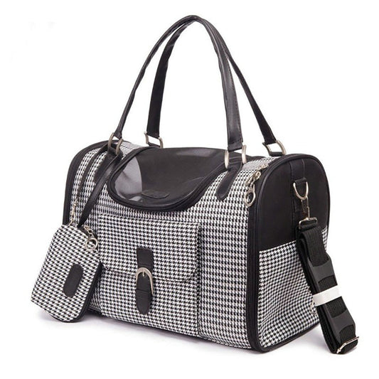 Fashionable Pet Carrier - Houndstooth, Black, and Pink